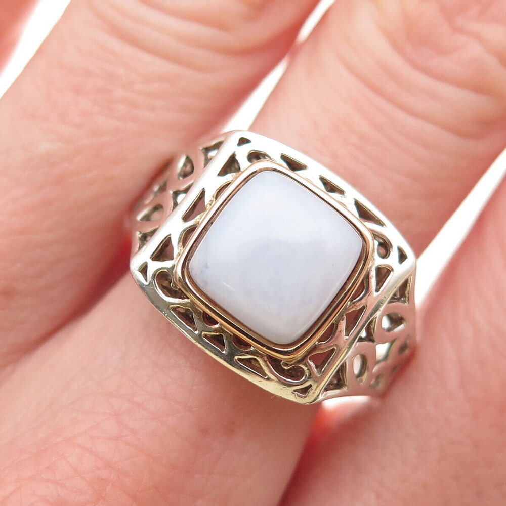 Michelle Albala 925 Sterling Silver 14K Gold Real Chalcedony Ring Size 10.25